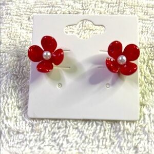 Red Flower Earrings with Pearl Center